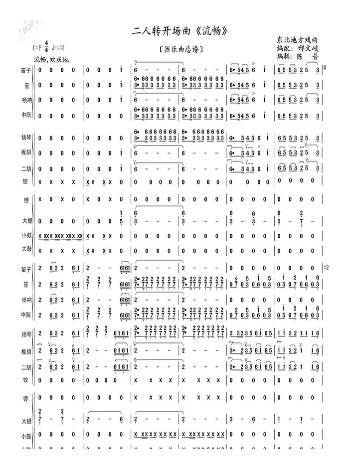 二人转开场曲《流畅》（器乐曲总谱.第一页）