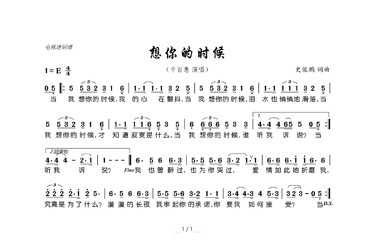 想你的时候（史俊鹏 词曲）