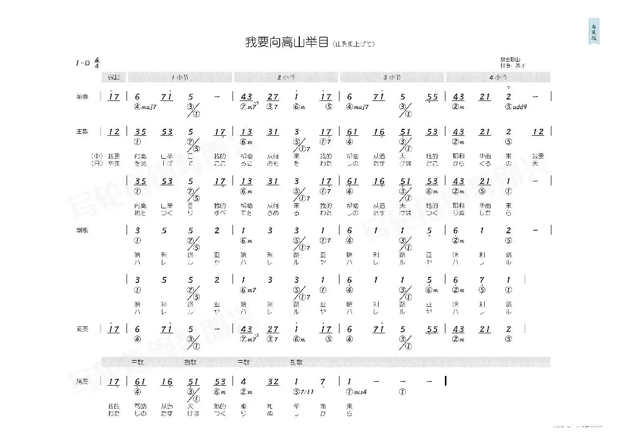 我要向高山举目（简和谱）