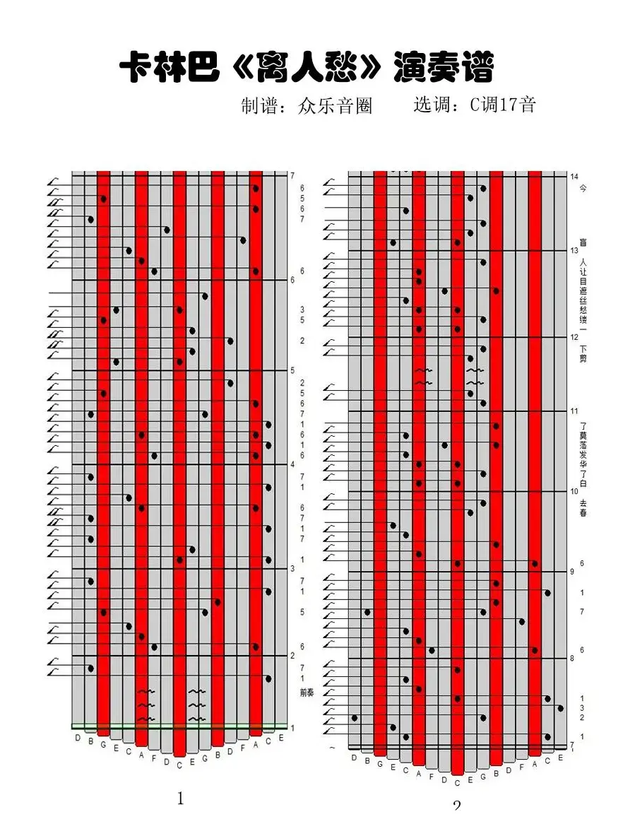 离人愁（17音卡林巴琴谱、弹唱演奏）