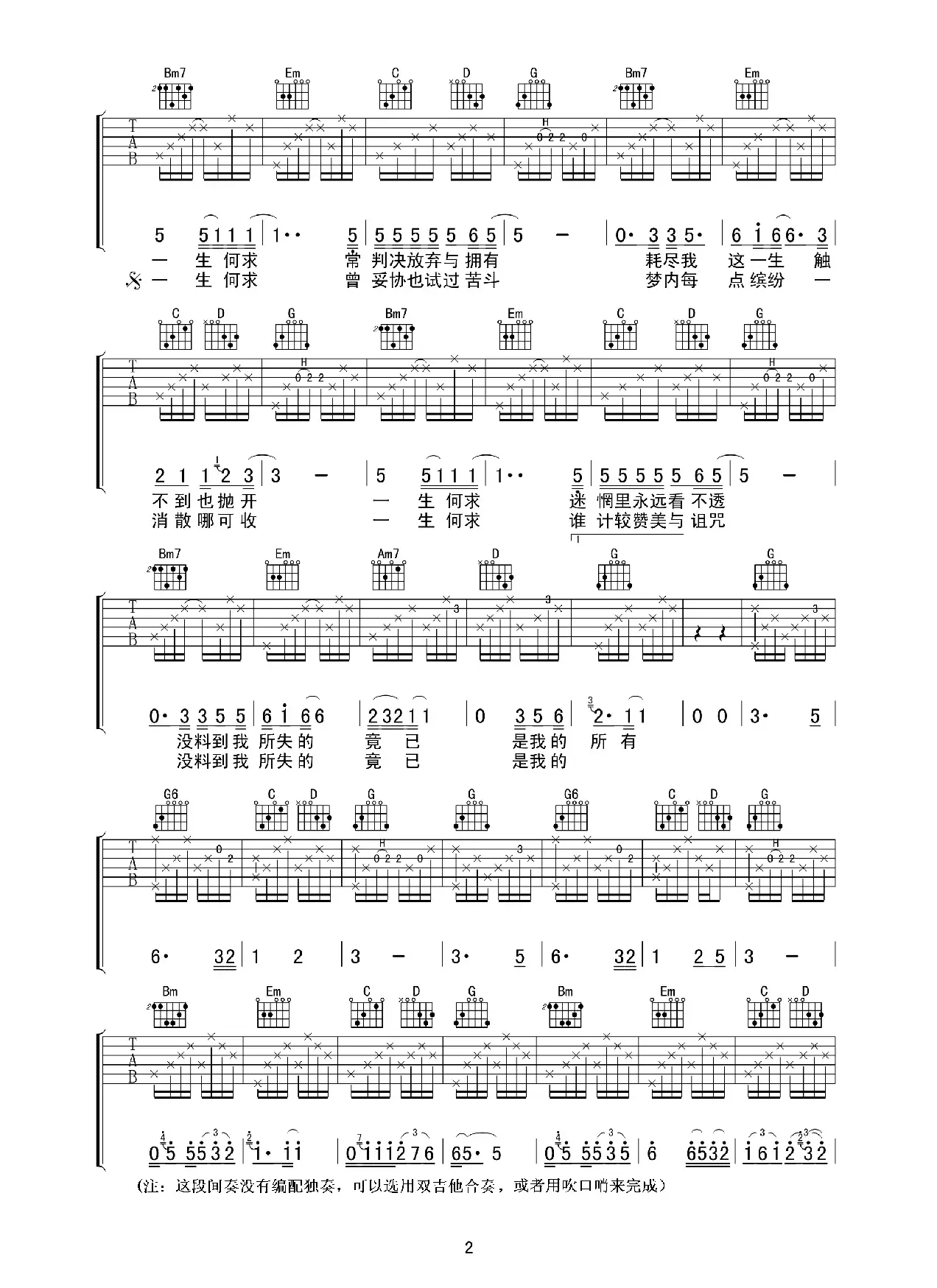 陈百强《一生何求》高清吉他谱，粤语经典（吉他六线谱）