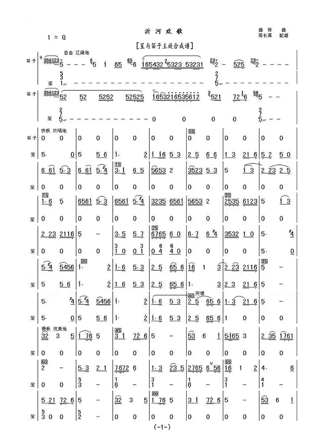 沂河欢歌（笙与笛子主旋合成谱）