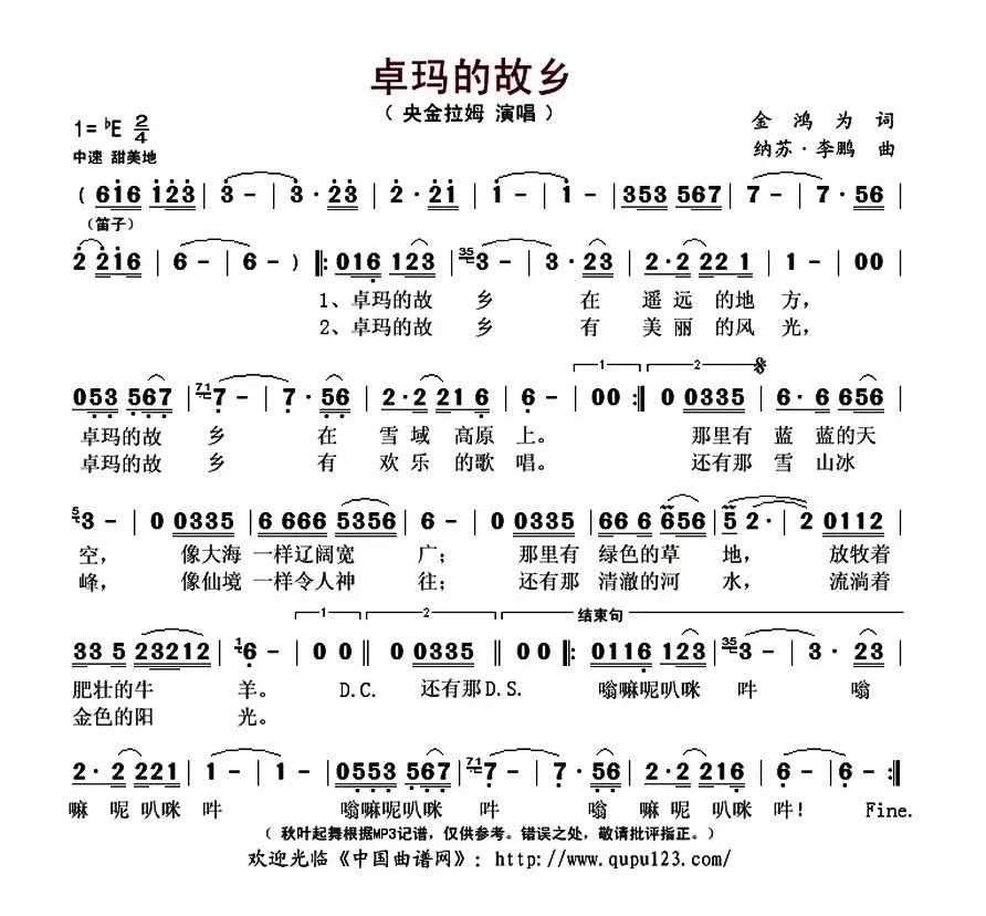 卓玛的故乡（金鸿为词 纳苏·李鹏曲）