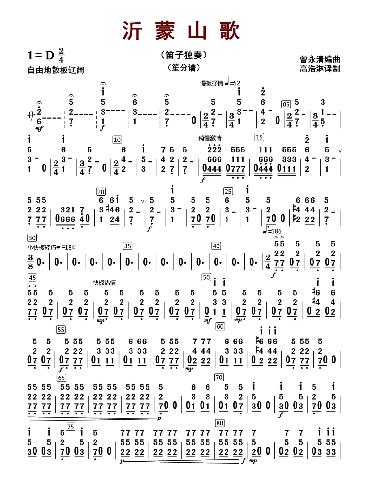 沂蒙山歌（笛子独奏+乐队伴奏笙分谱）