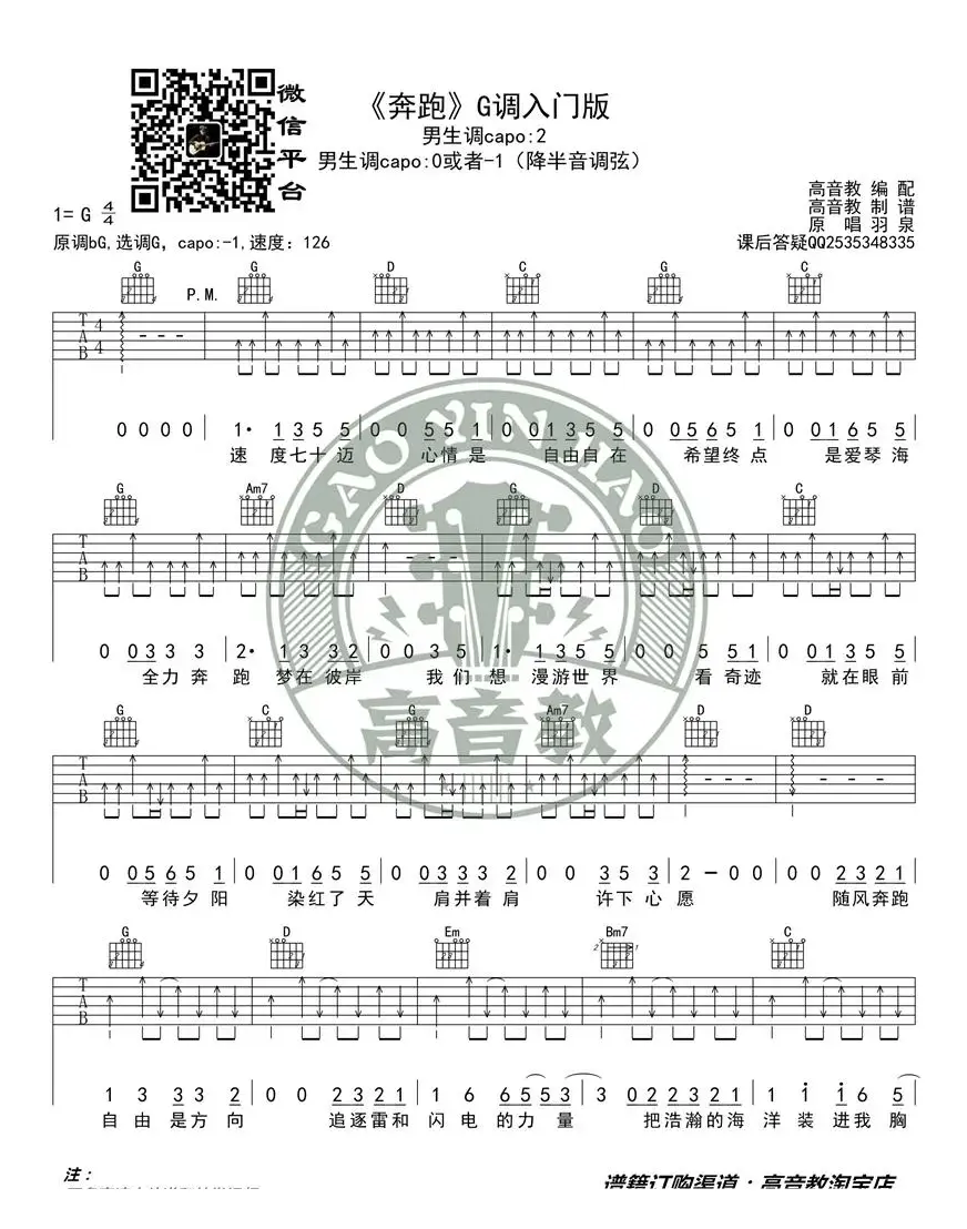 《奔跑》吉他谱G调入门版 羽泉 高音教编配 猴哥吉他教学