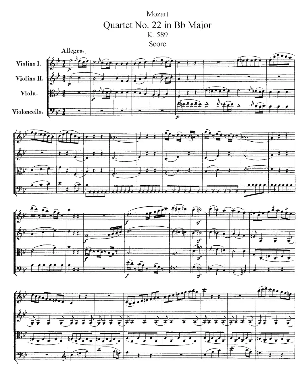 Mozart《Quartet No.22 in Bb Major，K.589》（总谱）