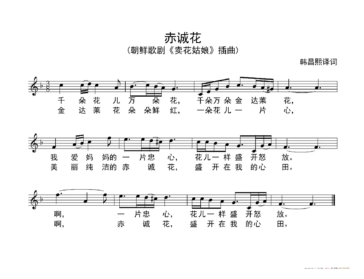 赤诚花（朝鲜歌剧《卖花姑娘》选曲、五线谱））