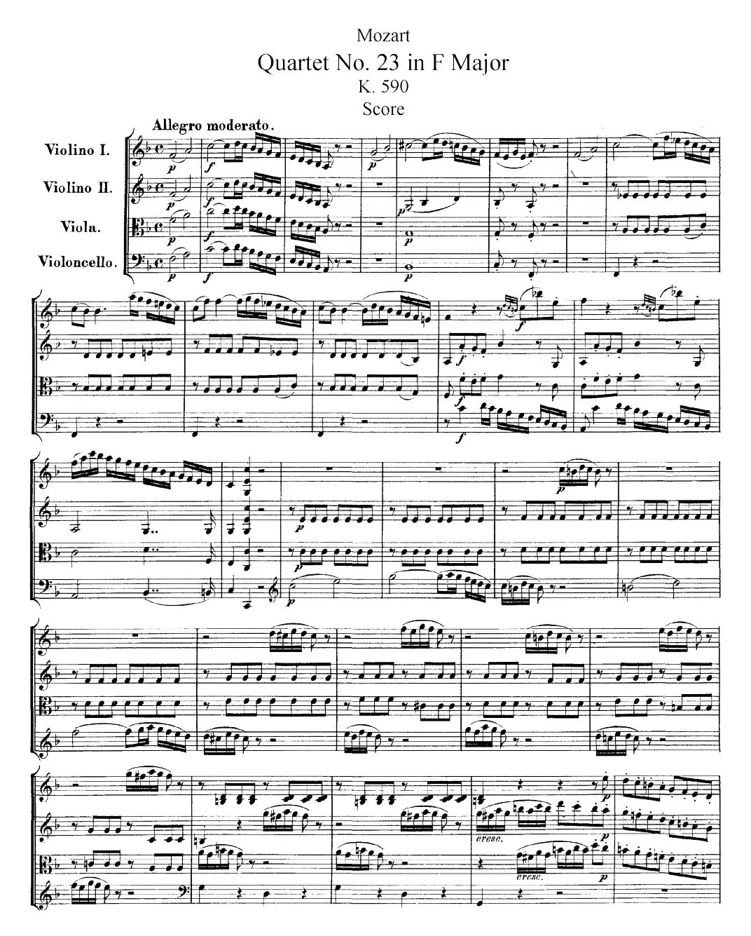 Mozart《Quartet No.23 in F Major，K.590》（总谱）