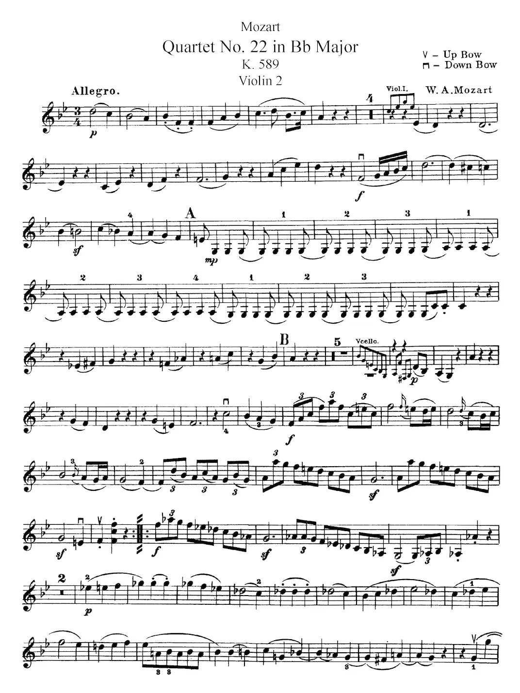 Mozart《Quartet No.22 in Bb Major，K.589》（Violin 2分谱）