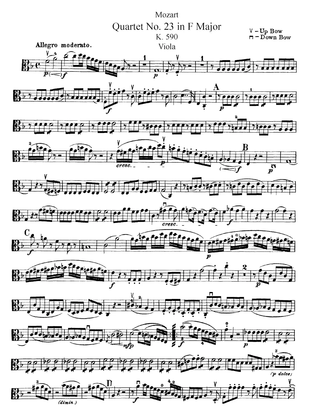 Mozart《Quartet No.23 in F Major，K.590》（Viola分谱）